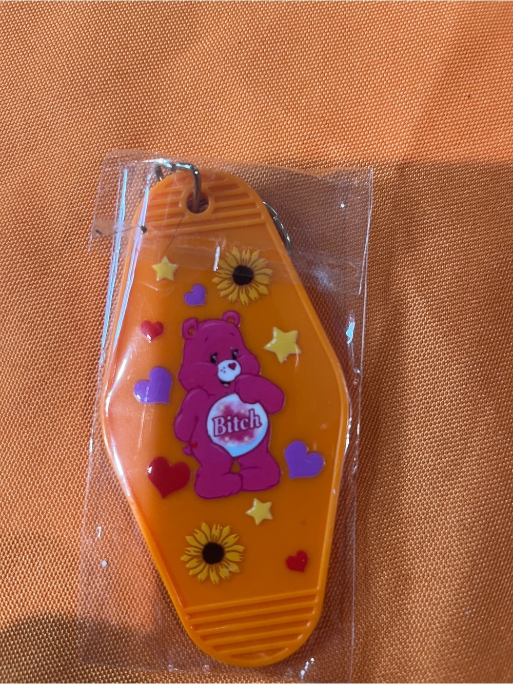 Orange Bear Keychain with Pink Bear and Sunflower Design